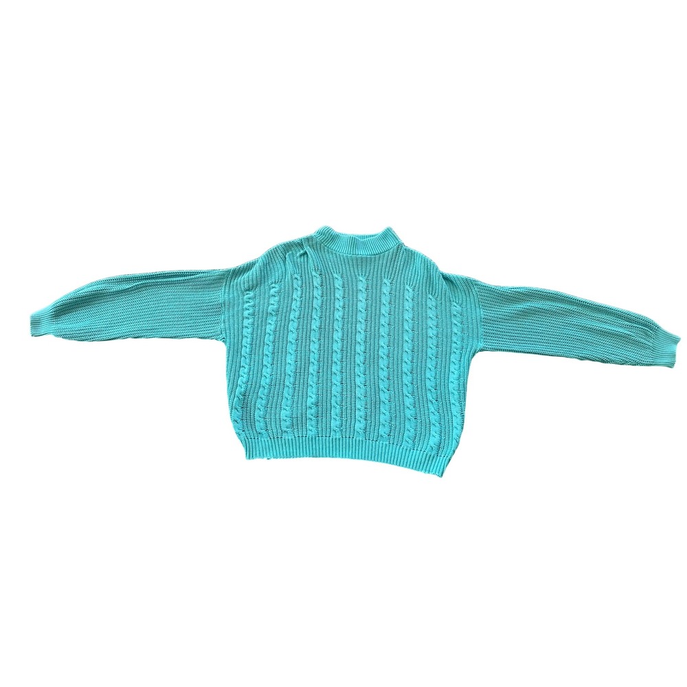 Vintage 70s Turquoise Teal Cable Knit Mock Neck Sweater USA Made Sz L Fall Prep